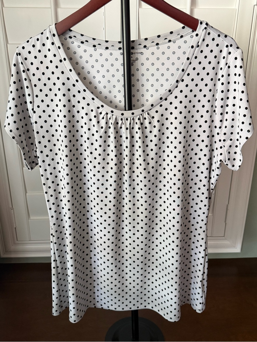 Worthington XL Grey Black Polka Dot Stretch Blouse Short Sleeve